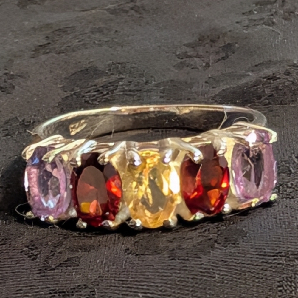 Genuine Amethyst Garnet Citrine Multi Gemstone Sterling Silver Ring Size 7